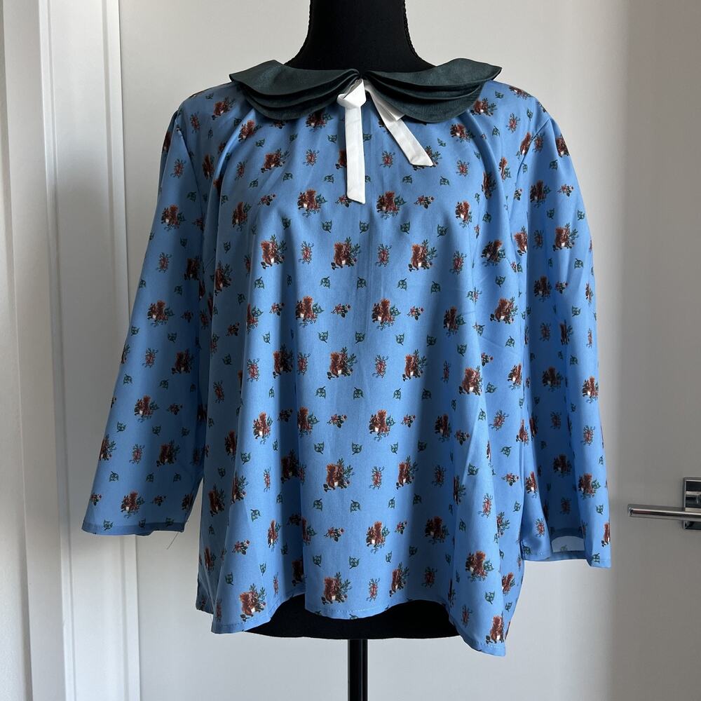 Lindy Bop Blouse Womens 16 Blue Squirrel Paighton Cropped Peter Pan Collar Flaw